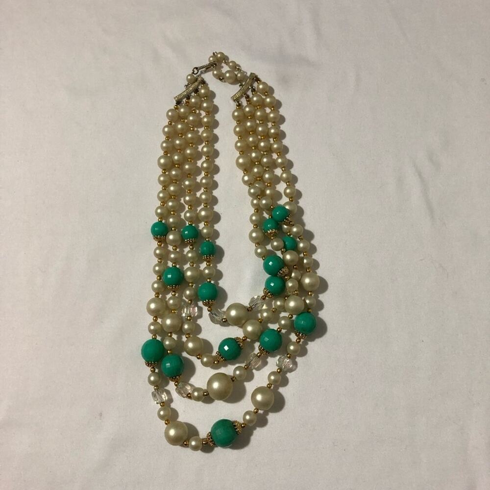 Vintage 60s faux pearl and turquoise green 4 strand necklace stamped Japan